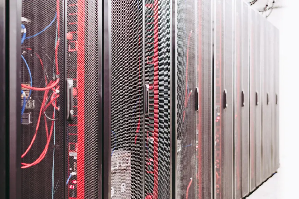 Data centre server racks in a cooled hall